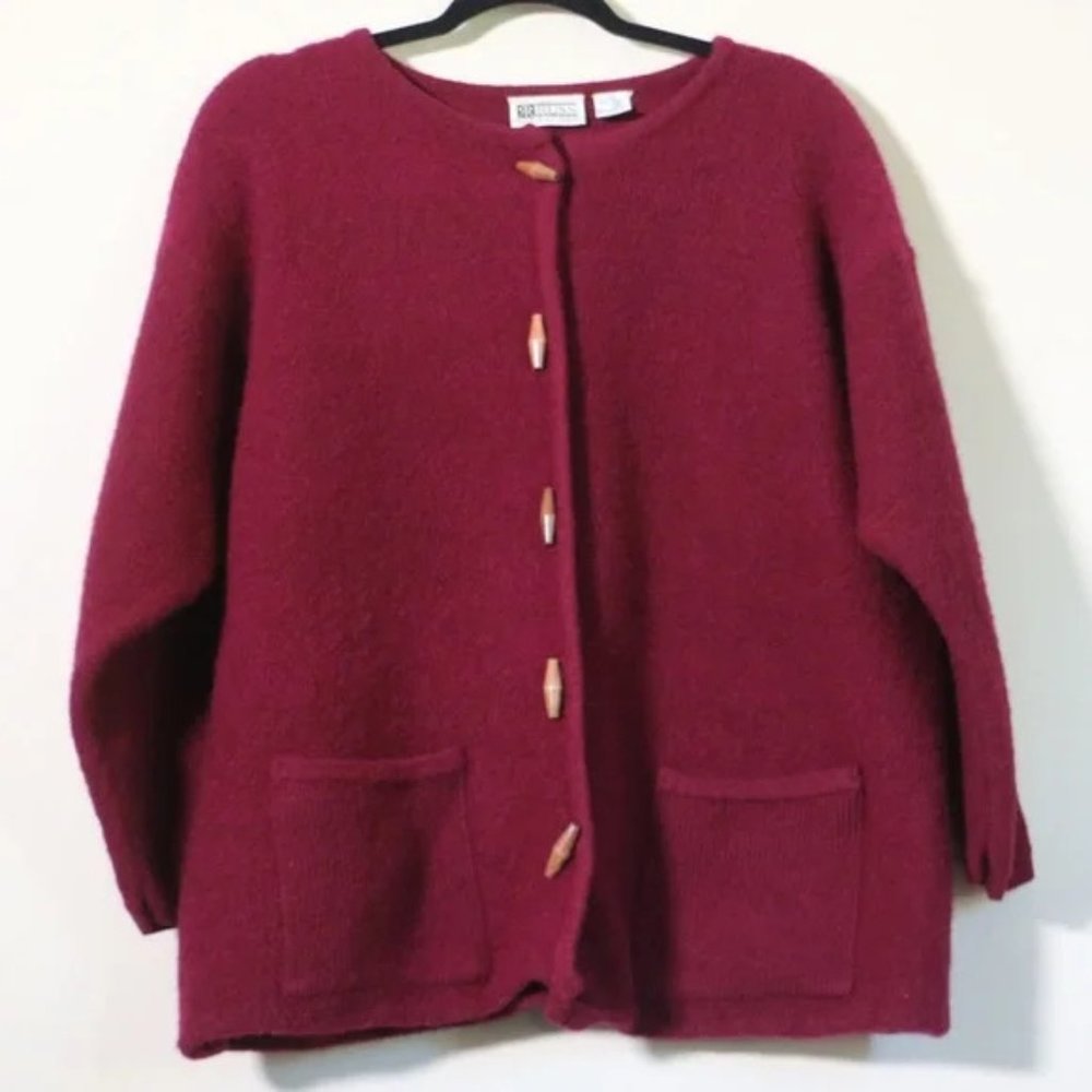 Vintage 100% Wool Knit Sweater Wood Toggles Size in dark red By Russ 2X